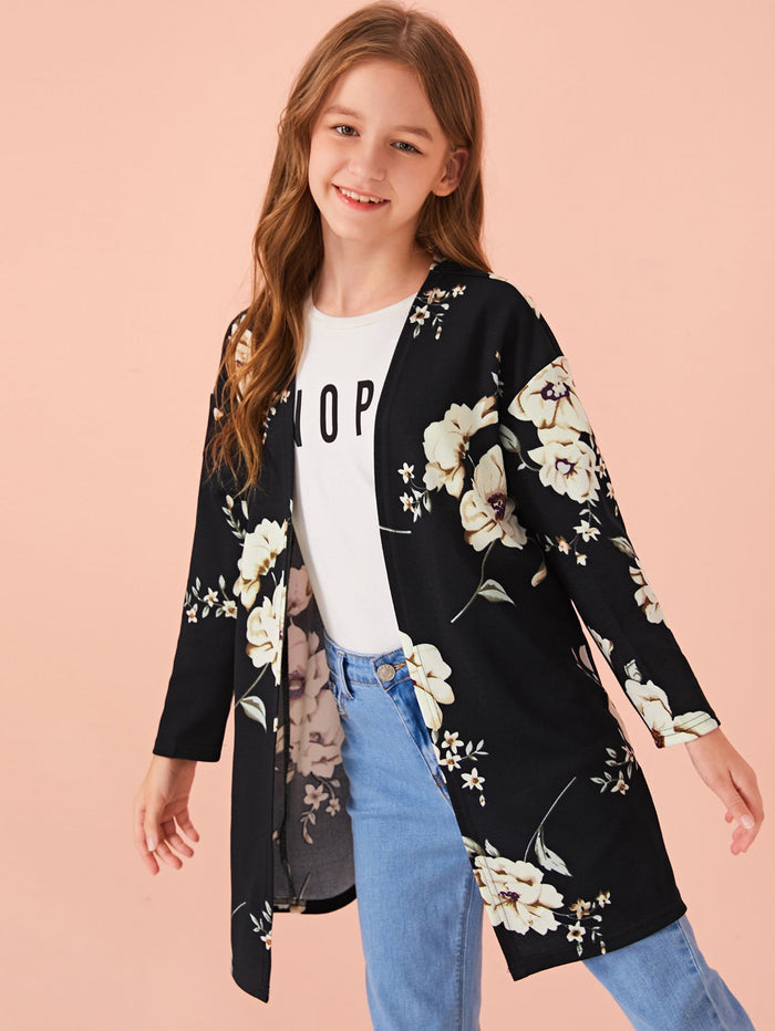 Girls Open Front Drop Shoulder Floral Print Coat