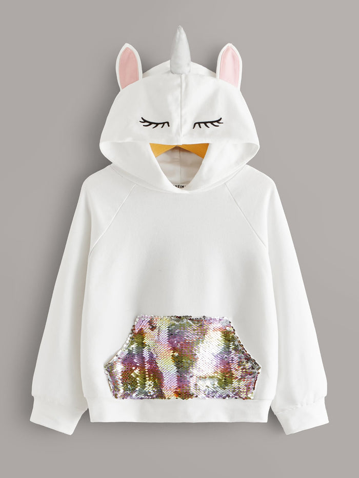 Girls Raglan Sleeve Sequin Pocket Detail Ear Hoodie White