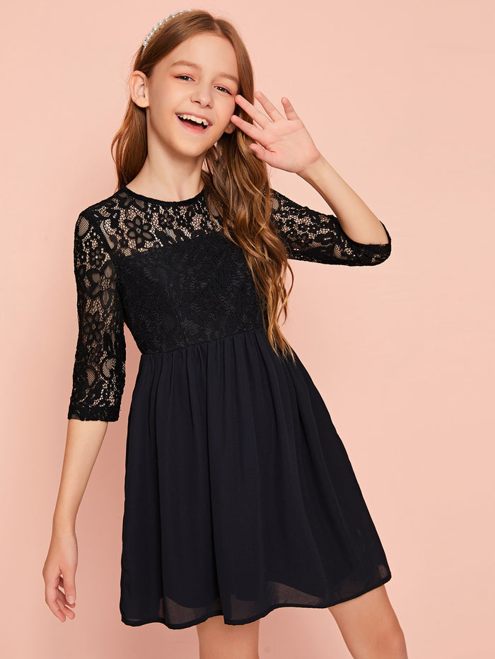Girls Zipper Back Lace Bodice Flare Dress