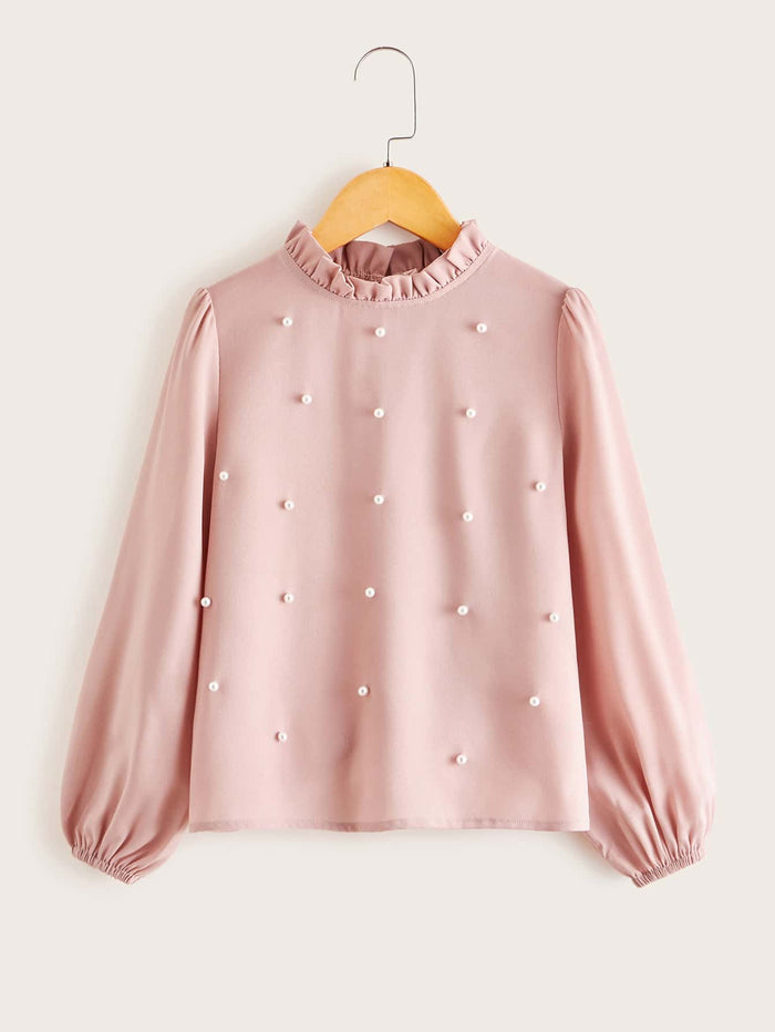 Girls Frill Neck Pearls Beaded Top