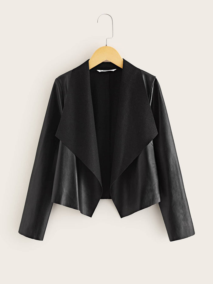 Girls Waterfall Collar PU Leather Jacket