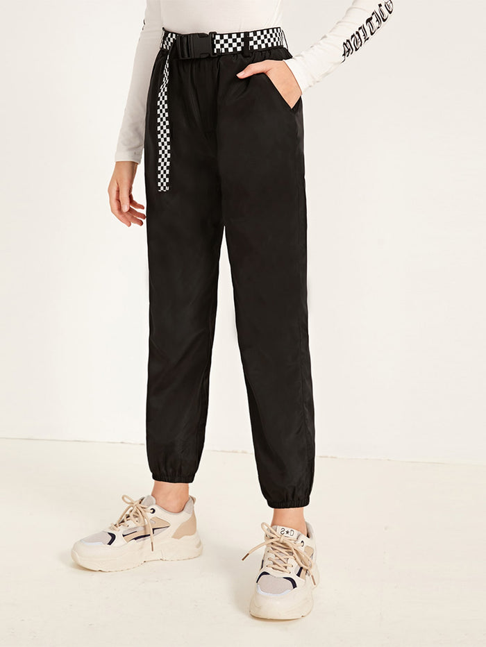 Girls Checked Buckle Belted Slant Pocket Wind Pants
