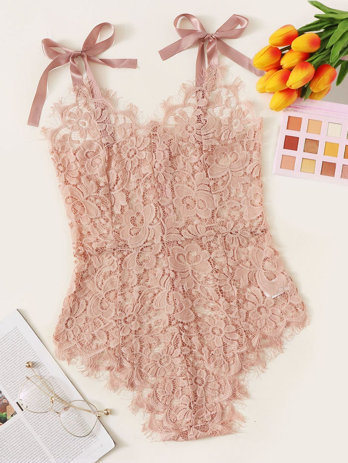 Guipure Lace Tie Shoulder Teddy Bodysuit Baby Pink