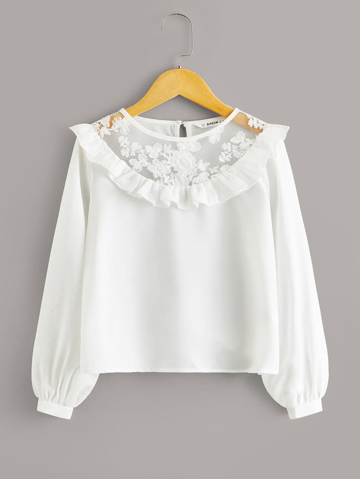 Girls Ruffle Trim Embroidered Mesh Yoke Top White