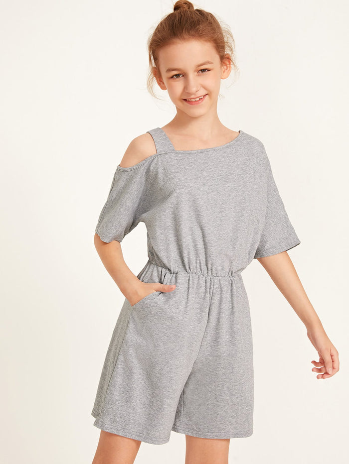 Girls Asymmetrical Neck Pocket Detail Romper