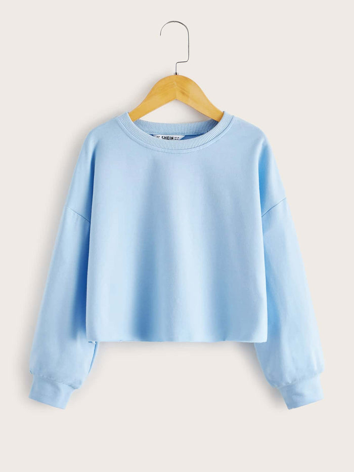 Girls Drop Shoulder Solid Pullover Baby Blue