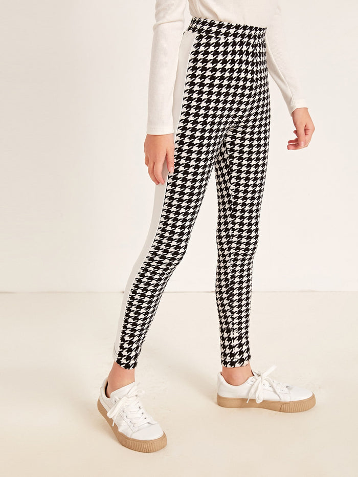 Girls Elastic Waist Striped Side Houndstooth Leggings
