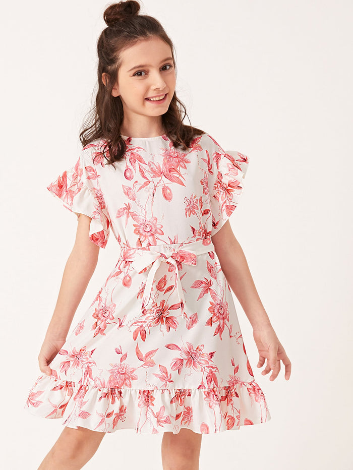 Girls Ruffle Trim Self Belted Floral Print Dress