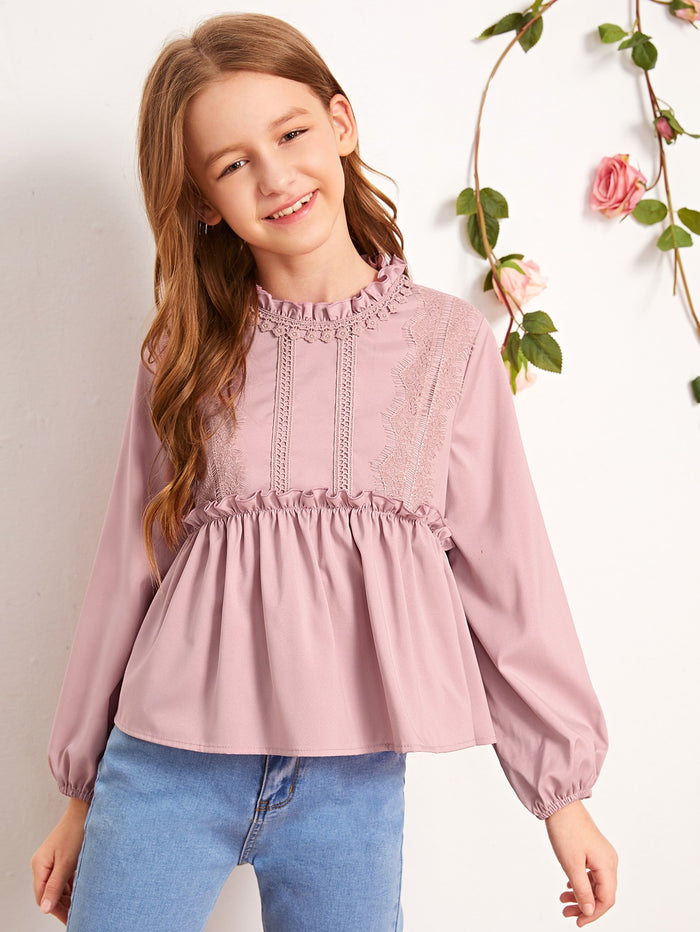 Girls Lace Detail Frill Trim Peplum Top