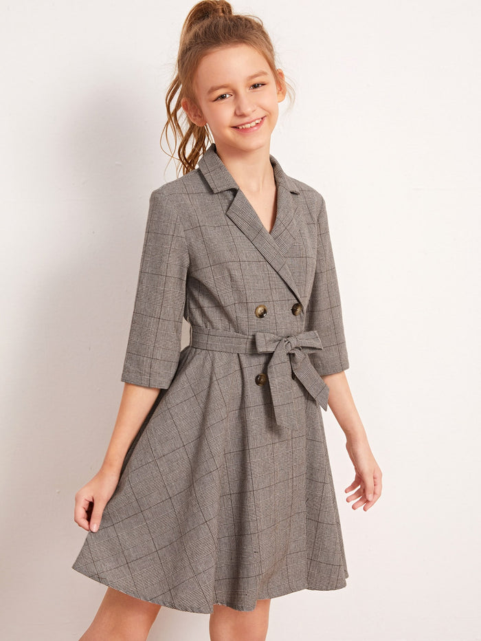 Girls Lapel Collar Double Breasted Belted Plaid Dress