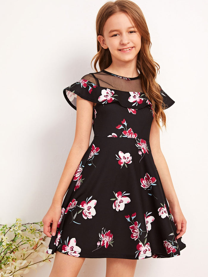Girls Ruffle Trim Mesh Insert Floral A-line Dress