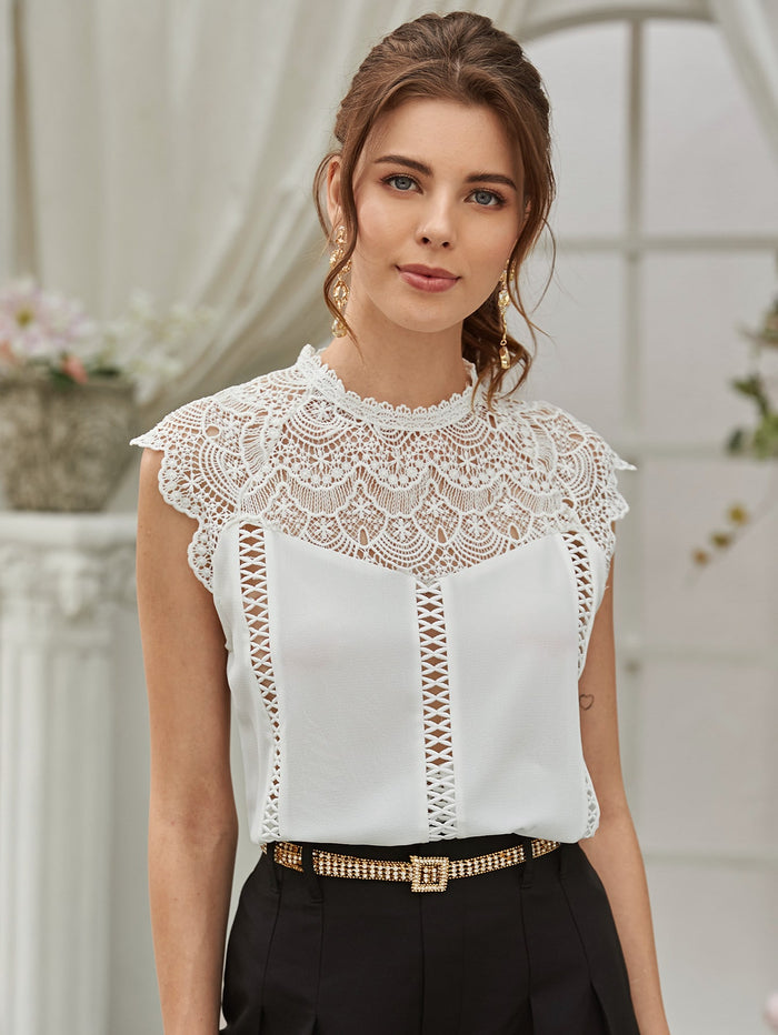 Keyhole Back Contrast Lace Blouse White