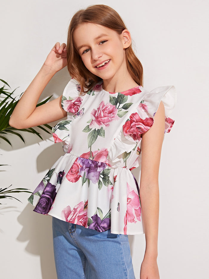 Girls Floral Print Ruffle Peplum Top