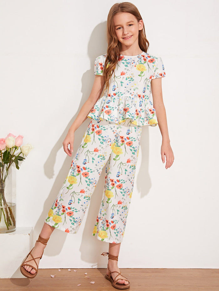 Girls Keyhole Back Floral Print Peplum Top & Cropped Pants Set