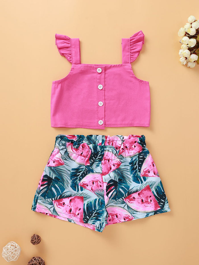 Toddler Girls Ruffle Trim Cami Top With Watermelon Print Shorts