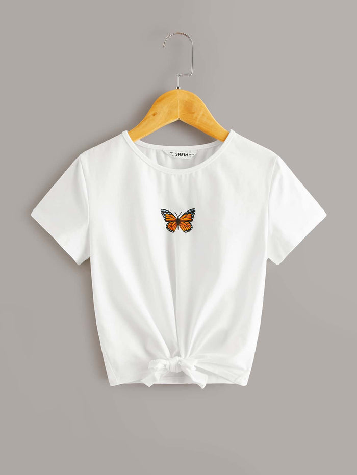 Girls Butterfly Print Knot Hem Tee White