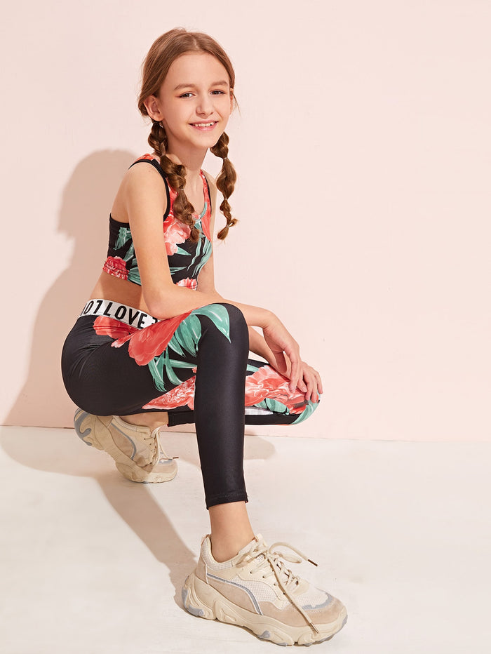 Girls Floral Tank Top & Letter Tape Waist Leggings Set