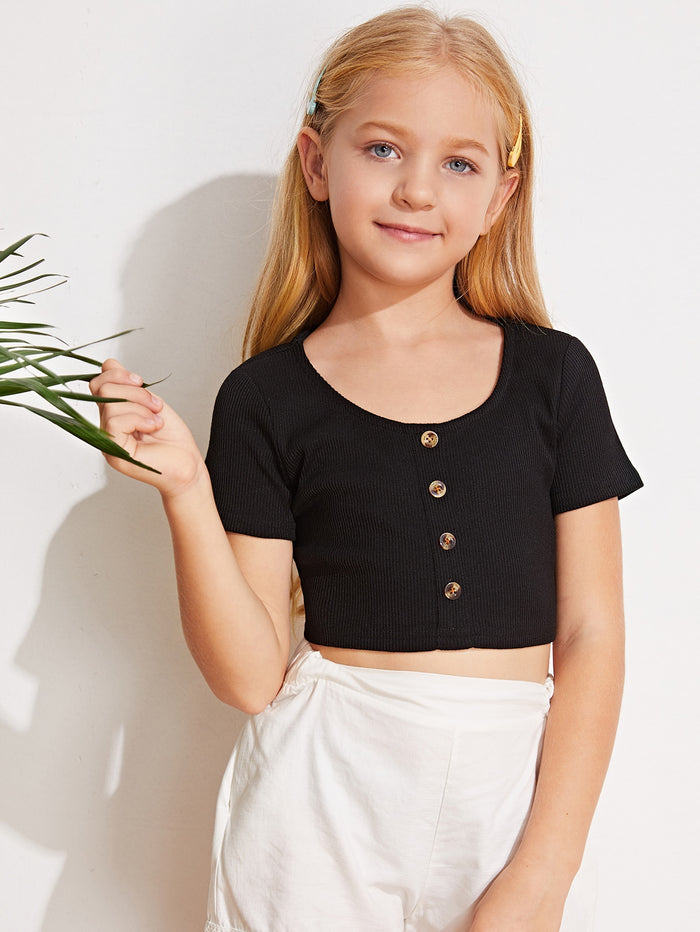 Girls Button Front Rib-knit Crop Top Black