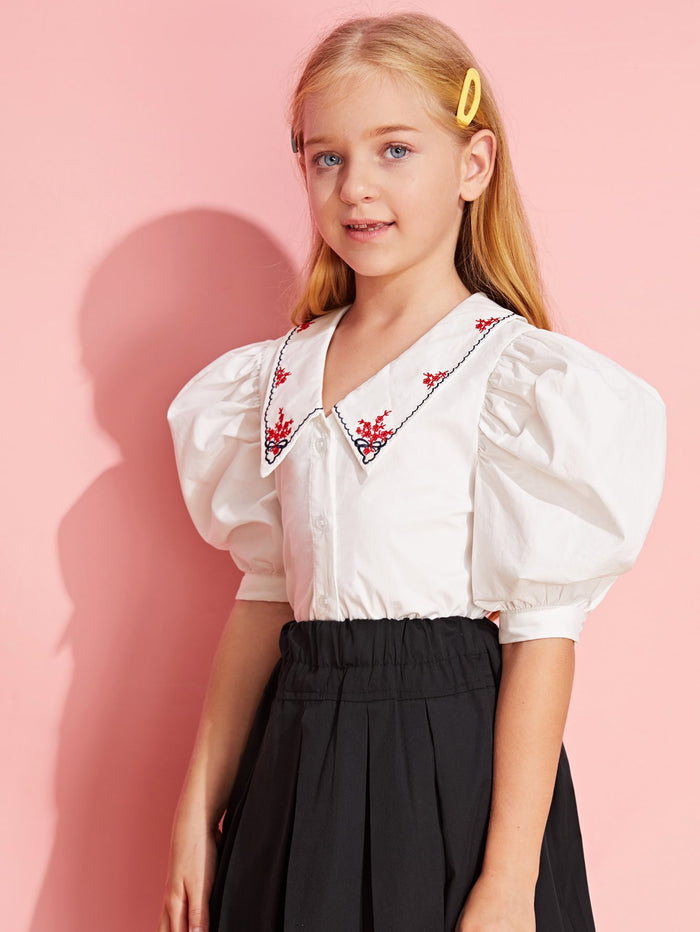 Girls Embroidered Collar Puff Sleeve Blouse