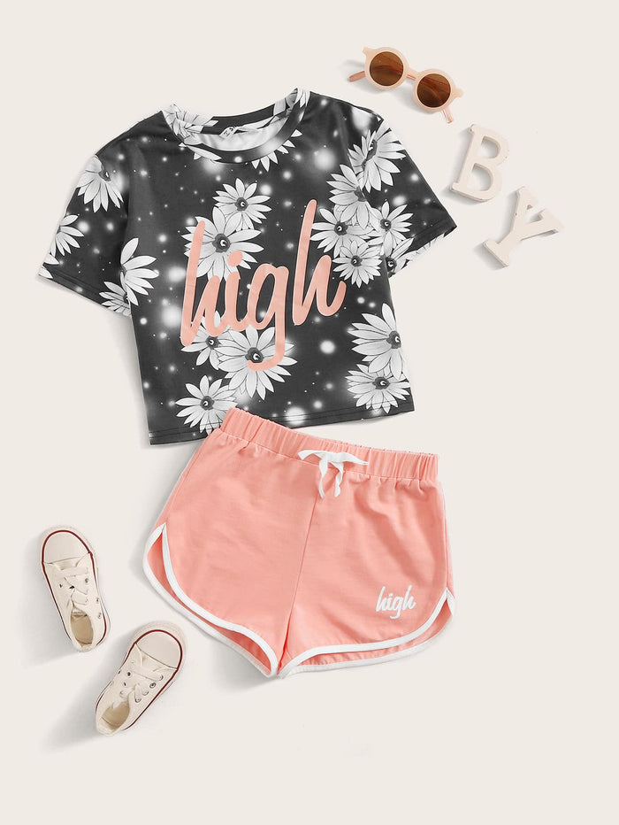 Girls Flower & Letter Graphic Tee & Track Shorts Set