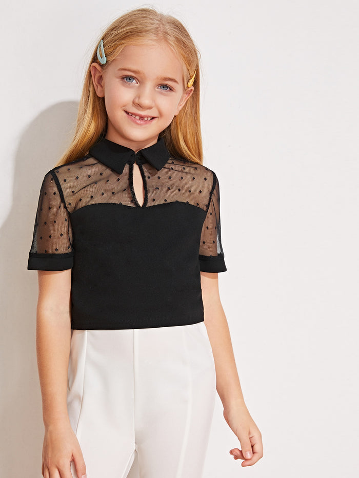 Girls Keyhole Neck Mesh Yoke Top