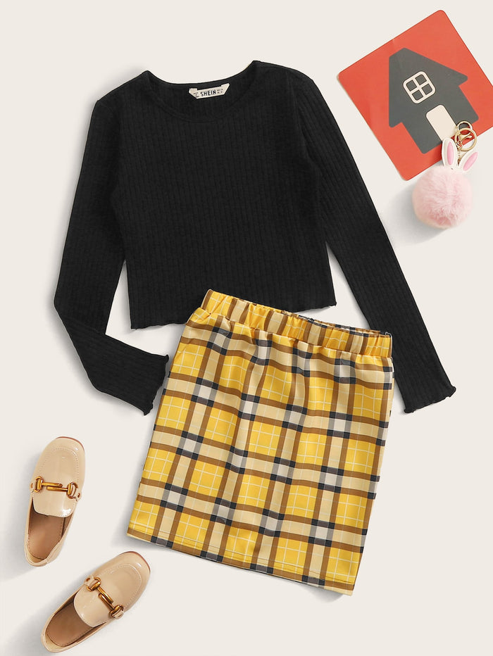 Girls Lettuce Trim Rib-knit Top & Plaid Skirt Set