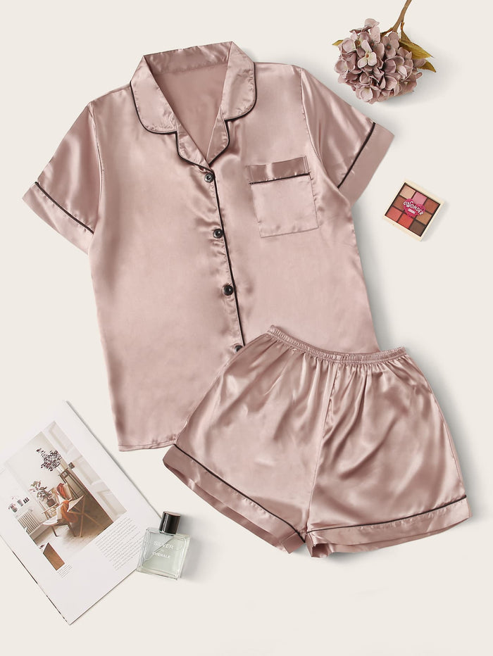 Contrast Binding Satin PJ Set Dusty Pink