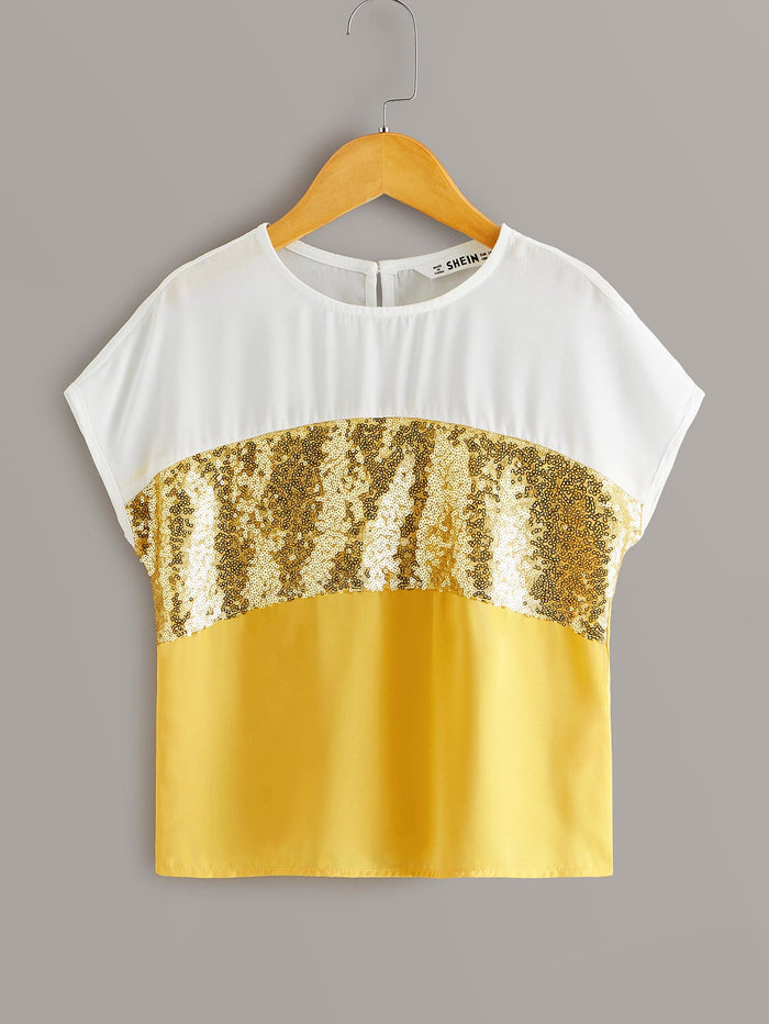 Girls Contrast Sequin Cut-and-sew Blouse Yellow