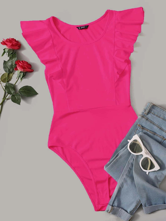Ruffle Trim Round Neck Bodysuit Hot Pink