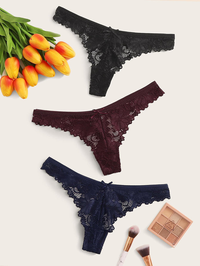 3pack Floral Lace Thong Panty Set Multicolor