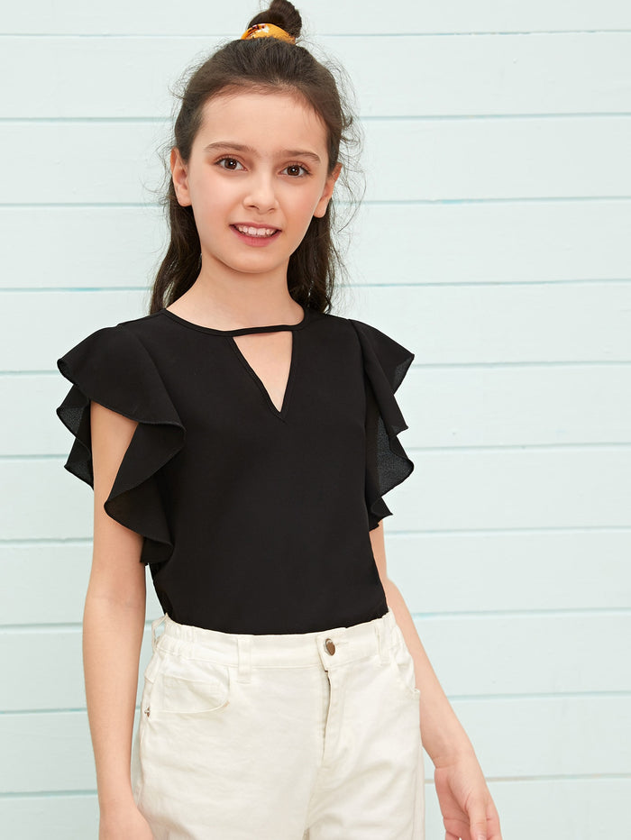 Girls Keyhole Neck Butterfly Sleeve Top Black