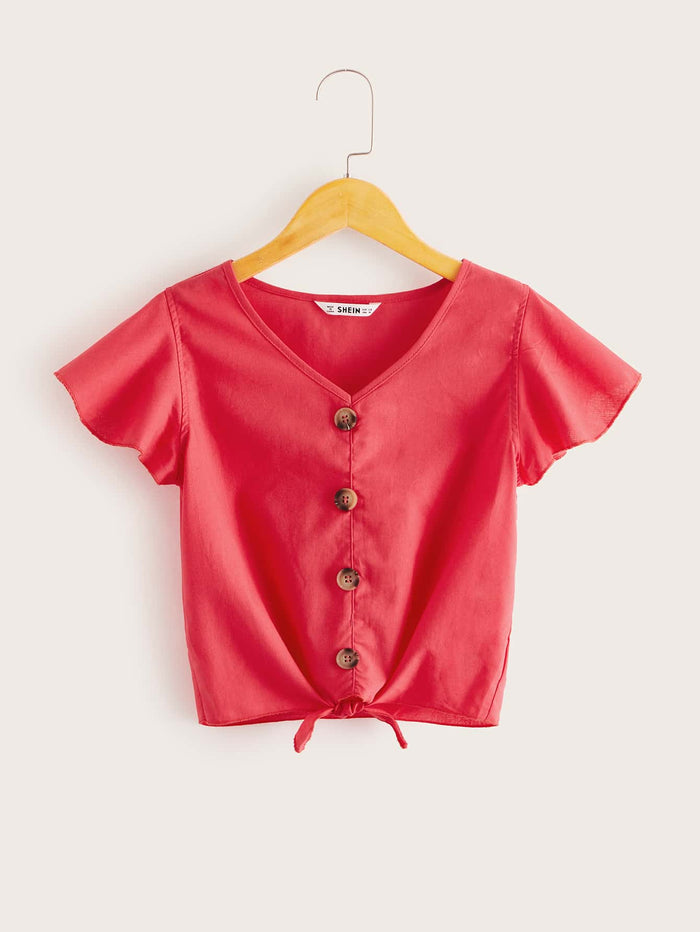Girls Buttoned Front Knot Hem Top Bright