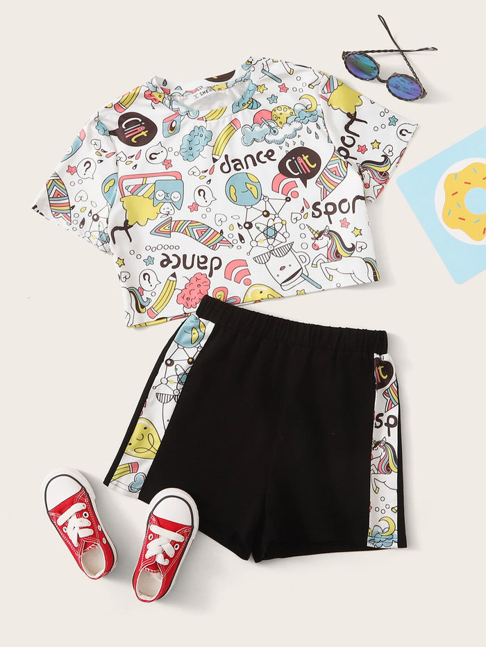 Girls Cartoon Graphic Crop Top & Shorts Set