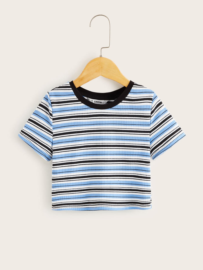 Girls Contrast Neck Striped Top Multicolor