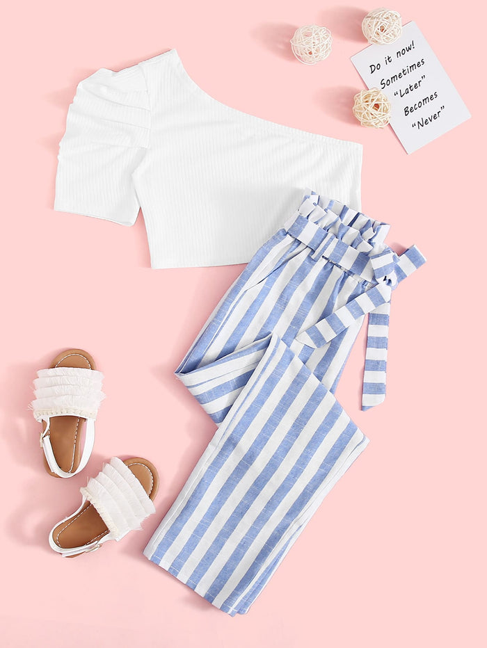 Girls One Shoulder Puff Sleeve Top and Paperbag Waist Pants Set Multicolor