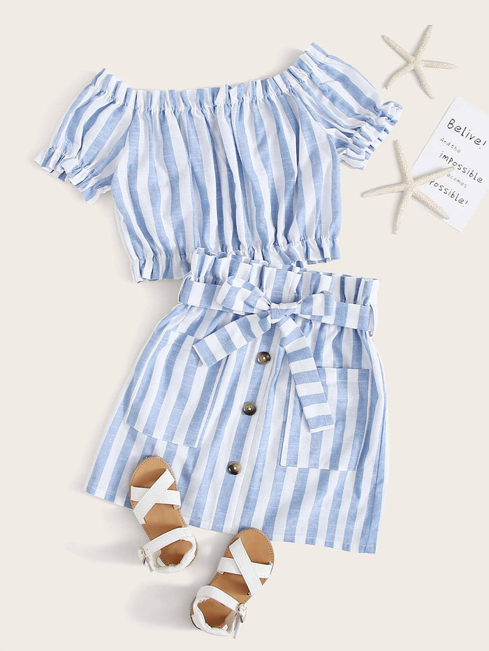 Frill Trim Striped Top & Patch Pocket Belted Skirt Set Blue