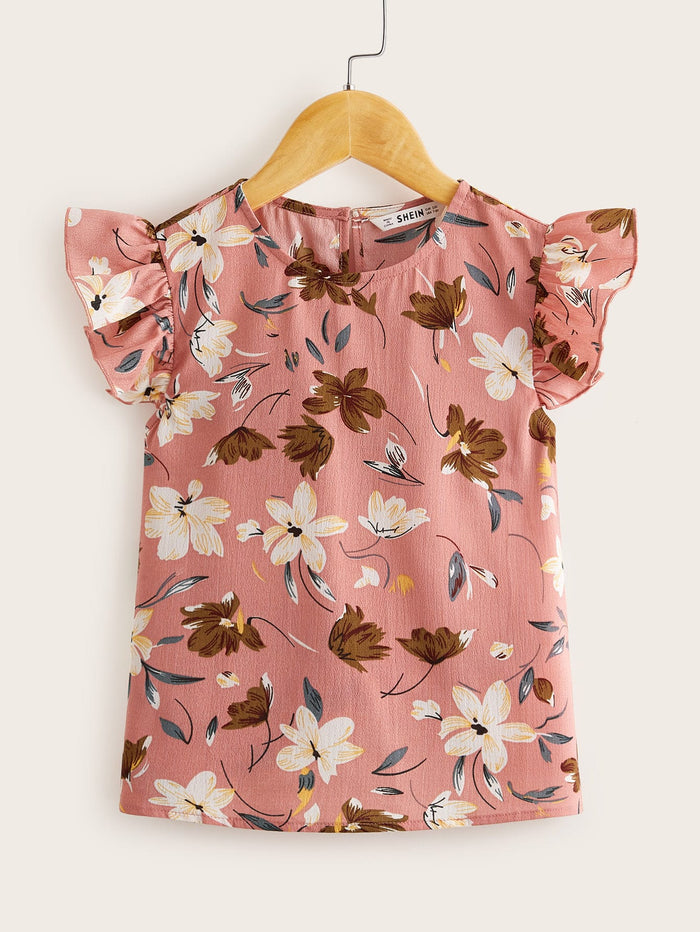 Girls Ruffle Armhole Floral Print Top Pink