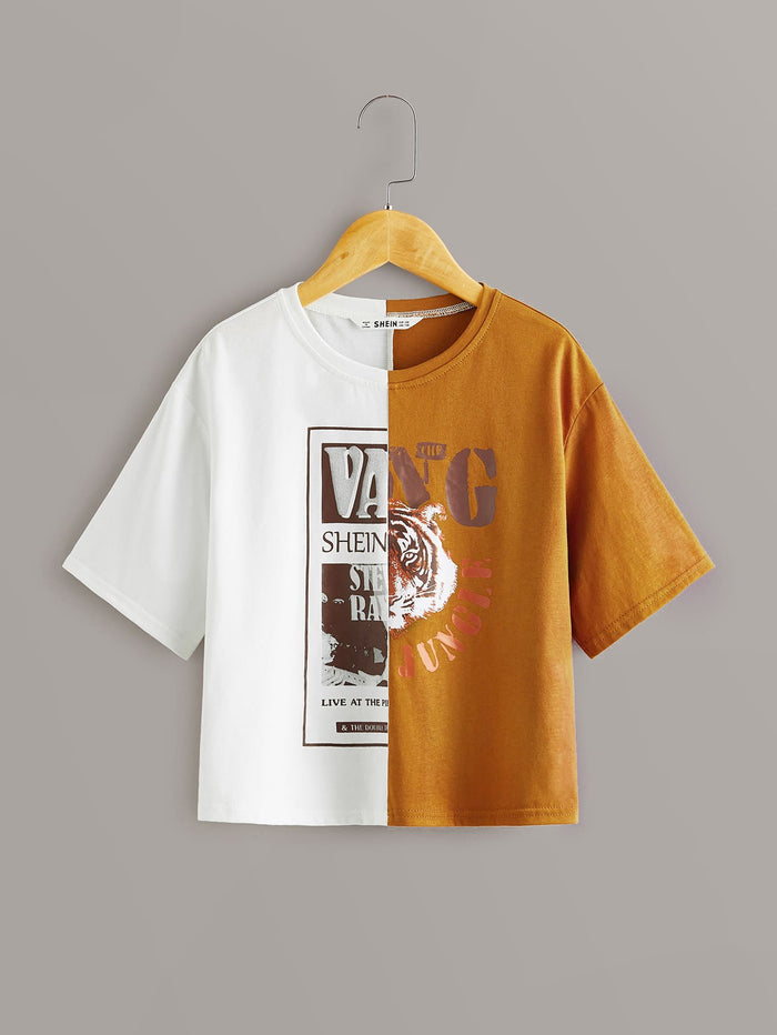 Girls Tiger and Letter Graphic Two Tone Tee