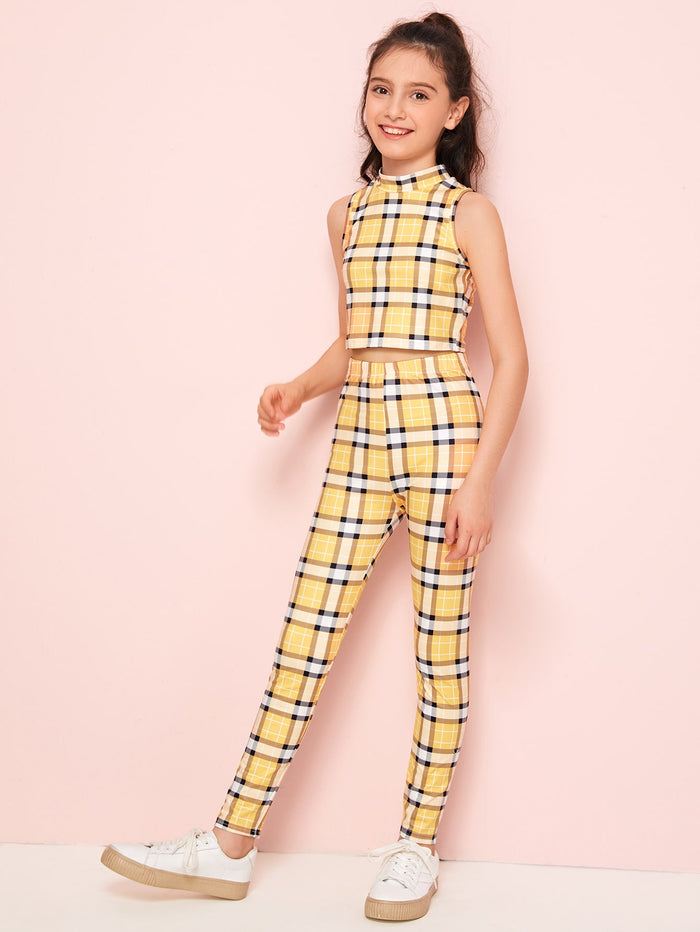 Girls Mock Neck Tartan Tank Top & Leggings Set