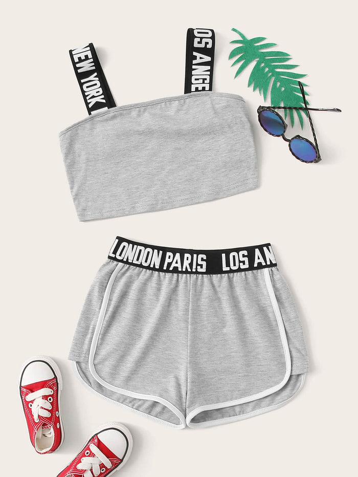 Girls Letter Strap Crop Top & Dolphin Shorts Set Grey