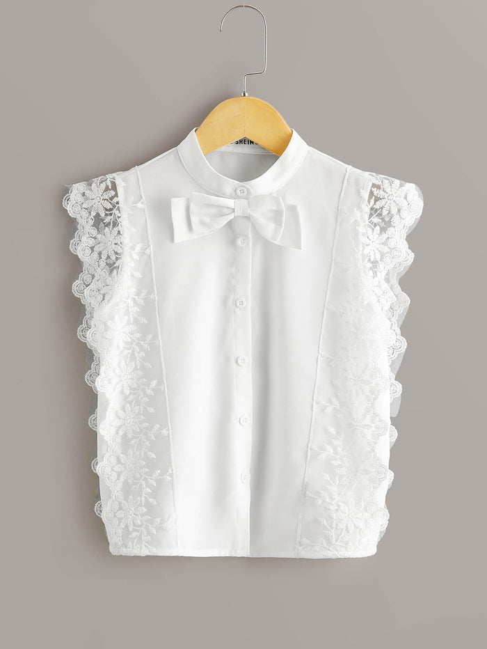Girls Bow Front Lace Trim Blouse White