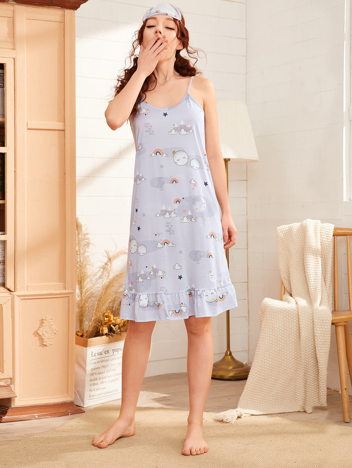 Cartoon Graphic Nightdress With Eye Cover