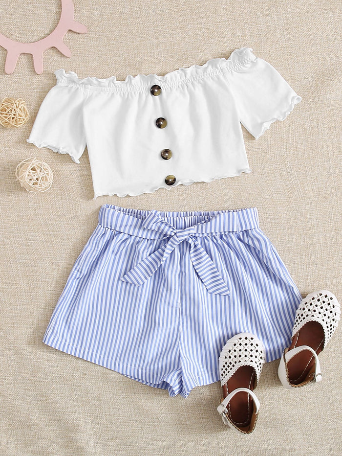 Girls Button Front Lettuce Edge Top and Striped Shorts Set