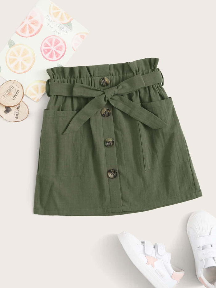 Girls Button Front Paperbag Waist Belted Skirt Army Green