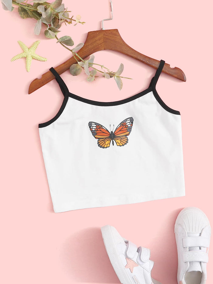 Girls Butterfly Print Contrast Binding Cami Top White
