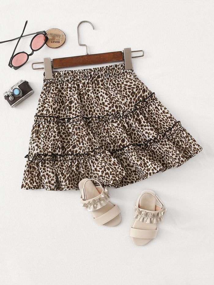 Girls Frill Trim Leopard Print Skirt