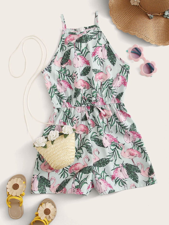 Girls Tie Waist Flamingo & Tropical Print Cami Romper