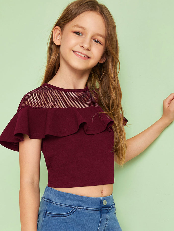 Girls Fishnet Mesh Yoke Ruffle Trim Crop Top Burgundy