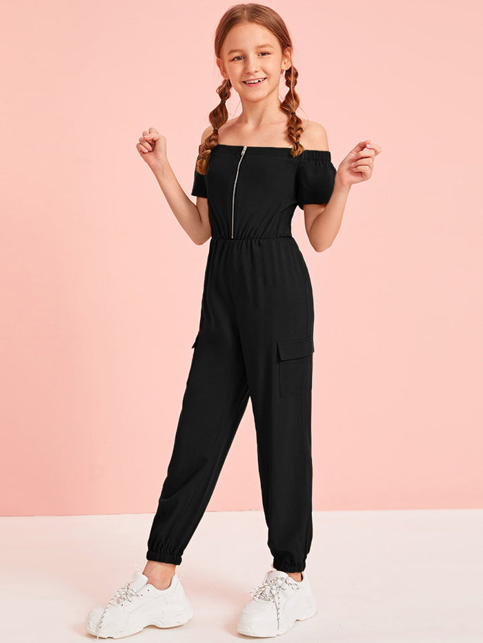 Girls Off Shoulder Zip Half Placket Flap Pocket Side Jumpsuit