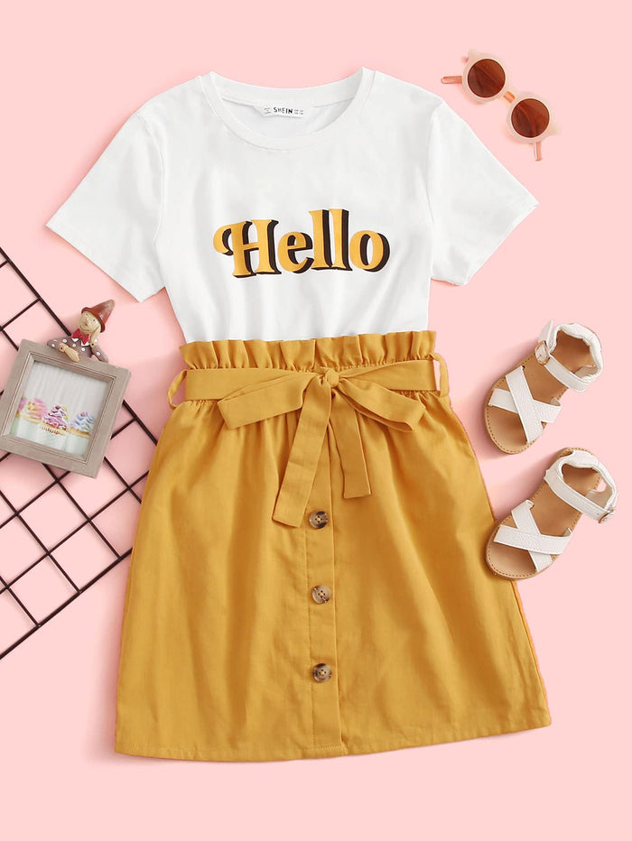 Girls Letter Graphic Tee & Paperbag Waist Belted Button Up Skirt Set